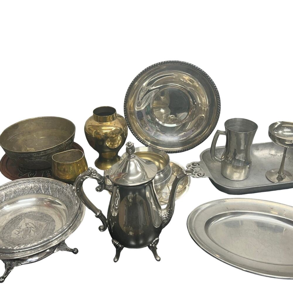 Brass, silver, and pewter chinaware lot